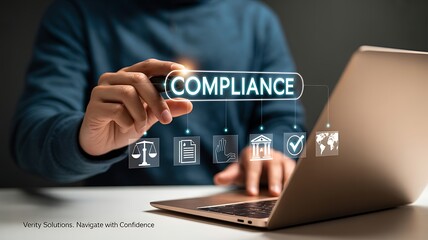 Person interacting with digital compliance icons and laptop hands technology