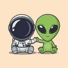 Obraz premium Astronaut and alien cartoon vector illustration friendship in space cute design for kids and adults alike
