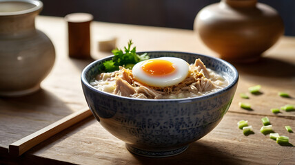 Delicious Homemade Chicken Congee with Egg in Cozy Kitchen