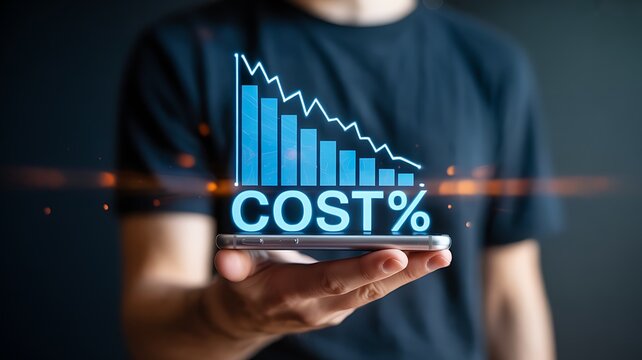 Decreasing financial graph with cost percentage displayed decrease