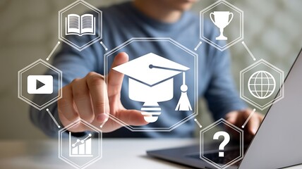 Person interacts with digital learning icons on futuristic interface hand touching