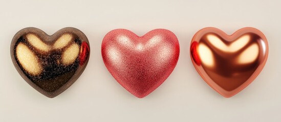 Obraz premium Three glossy hearts in various metallic hues