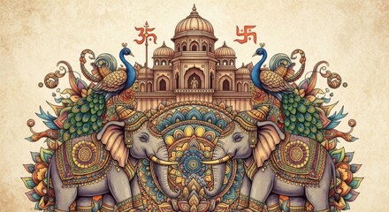 Obraz premium Indian Festival Celebration Elephants Temple Peacock and Ornate Decorations