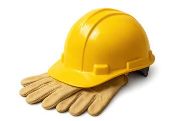 Yellow hard hat resting near protective work gloves representing construction site safety equipment on transparent background