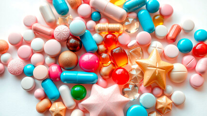 An assortment of colorful pills capsules and star shaped candies scattered on a white surface top view