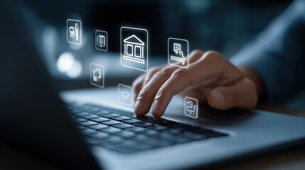 Hands typing on laptop with educational icons