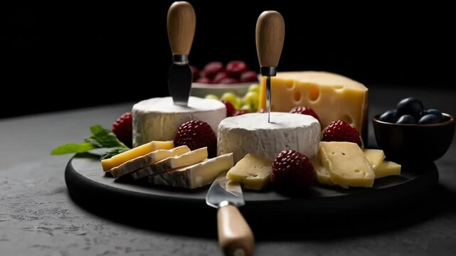 Cheese board with fruits and cheese knives