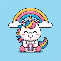 Cute unicorn drinking boba tea with rainbow illustration vector graphics for kids and children design