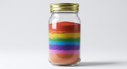 Colorful Rainbow Sugar in Glass Jar with Gold Lid on White Background