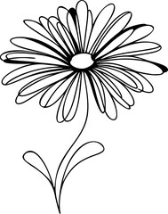 Simple one-line drawing of a blooming daisy flower with detailed petals and thin stem, clean black stroke on plain white.