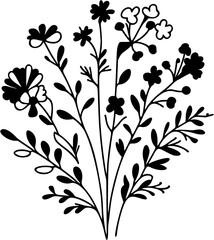 Simple vector of a wildflower bouquet with various small blooms and leaves in a one-line design.
