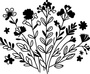 Simple vector of a wildflower bouquet with various small blooms and leaves in a one-line design.
