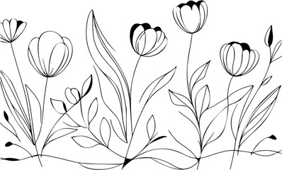 Minimal floral border made of continuous line tulips and leaves in flowing horizontal design.

