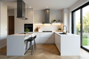 Sleek Modern White Kitchen with Ample Quartz Countertop Space Ideal for Meal Prep and Storage