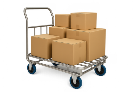 Industrial metal cart moving cardboard boxes, emphasizing logistics and shipping workflow against transparent backdrop