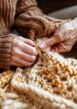 Elderly hands teaching child to knit shallow depth of field neutral linen textures intergenerational bonding theme