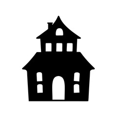 Stylized silhouetted spooky haunted house with multiple windows and a chimney