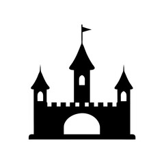 Obraz premium Majestic Black Castle Silhouette with Towers and Flag on White Background