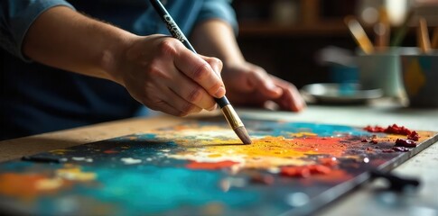 Obraz premium Artist Carefully Cleaning Paintbrushes, Preparing for Next Masterpiece - Serene Studio Setting