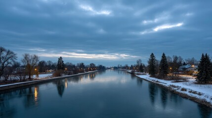 Winter Canal View: River, Landscape, Cityscape, Snowy Scene
