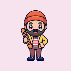 Obraz premium Cartoon baker holding baguette vector illustration for bakery shop or food related designs and projects