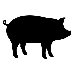 Silhouette of a Pig in Side View, A black silhouette of a pig standing, representing farm animals, livestock, and rural life.
