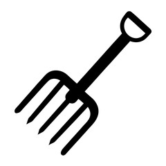 Stylized black and white image of a pitchfork on a plain background