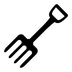 Garden Fork Icon with Three Prongs, A black silhouette of a garden fork with three prongs, symbolizing gardening, farming, or agriculture.
