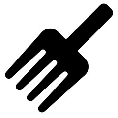 Stylized icon of a fork presented in bold, black color and diagonal orientation