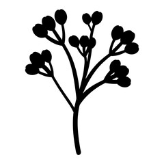 Stylized Black Silhouette of a Twig with Berries Against a White Background