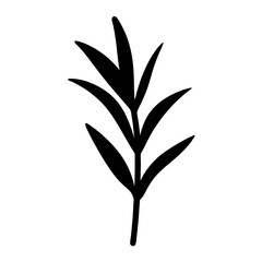 Simple minimalist black and white botanical sprig illustration with long narrow leaves