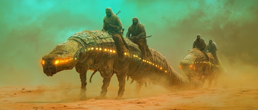 Desert nomads riding sandworms with symbiotic algae glowing under their scales
