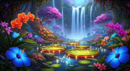 Enchanting Waterfall Oasis with Luminous Flowers and Floating Lanterns