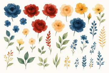 Set of watercolor arrangements featuring garden roses &mdash; a collection of pink flowers, leaves, and branches. Botanical illustrations isolated on a white background.