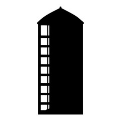 Monochrome silhouette of a classic British telephone box with paneled side