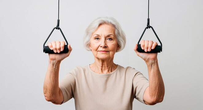 Senior woman exercising with hand trainer indoors in neutral colors  