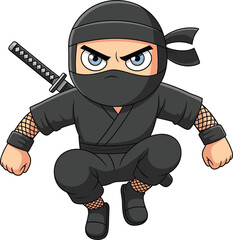 PrintCute cartoon ninja warrior character, black costume, crouching attack pose, samurai sword, vector illustration, Japanese martial arts design, comic style © Ideasy Mind