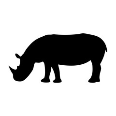 Silhouette of a Rhino Grazing in Black Against a White Background