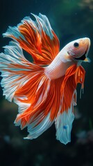 Fototapeta premium Close-up of a vibrant orange and white Siamese fighting fish, showcasing flowing fins and detailed scales in an underwater setting with a dark background
