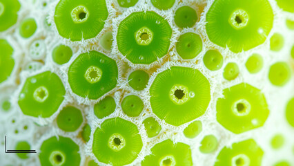 Close up view of a sea urchin with bright green circles and white textured background in sharp focus