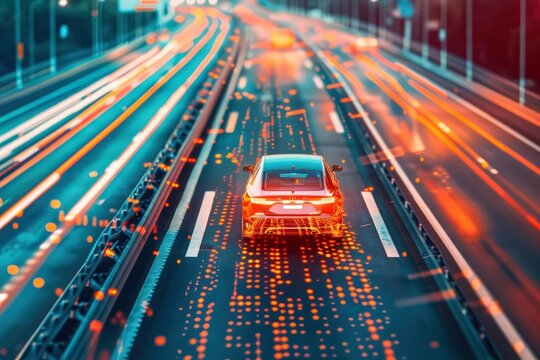 driverless car swerving into glowing malware code on circuits dystopian highway .