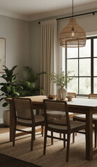 Cozy tropical dining space with rattan chairs, wooden table, and vibrant green plants.