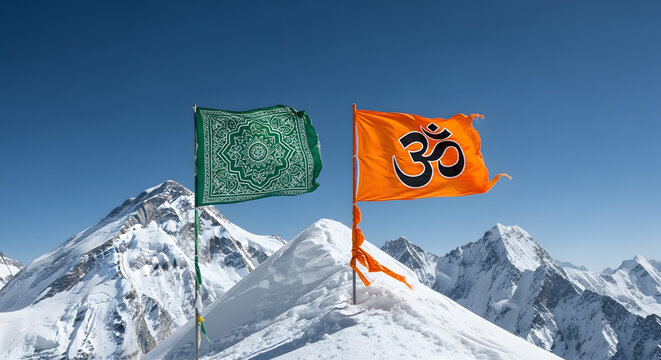 A Hindu Om flag and a green Islamic prayer flag wave together on a snowy mountain peak in the Himalayas, symbolizing faith, spirituality, pilgrimage, and coexistence in nature