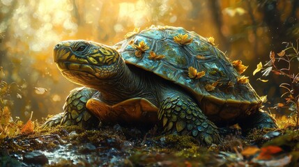 Close-up of a spinning freshwater turtle with a moss-covered shell and autumn leaves on its back, set in a vibrant, sunlit forest environment for wildlife, nature and animal photography