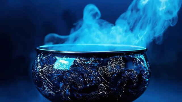 Captivating blue smoke swirls from elegantly designed bowl, creating mystical atmosphere with intricate patterns and enchanting steam