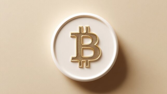 Bitcoin symbol inside a white circle on soft beige background, minimal shadow for depth, balanced modern style.