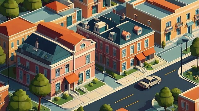 Old town cityscape in the morning with isometric buildings and streets illustration