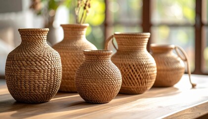Decorative vases crafted from woven materials placed on a wooden table.