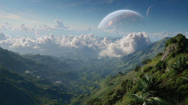 Lush alien valley vista