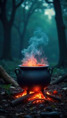 Ominous Cauldron Bubbles Over Crackling Fire Under Spooky Night Sky - Perfect for Halloween, Witchcraft, and Pagan Themes